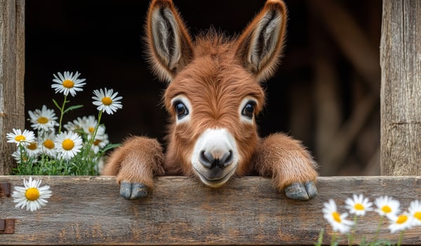 A baby donkey is looking at the camera with its head sticking out of a wooden fence. The fence is surrounded by a bunch of daisies photo