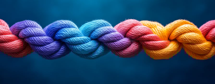 A colorful rope is twisted and knotted together. The colors are red, blue, and yellow photo
