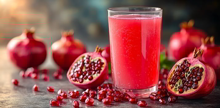A glass of red juice is on a table with a pile of red pomegranates photo