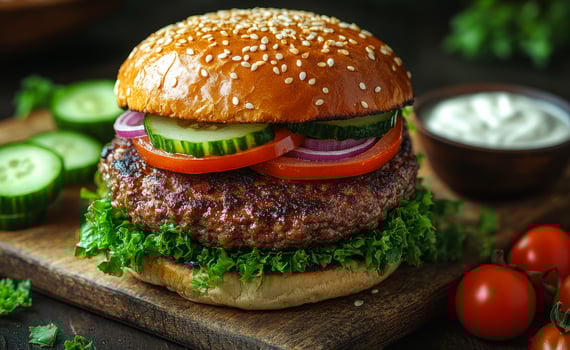 A hamburger with lettuce and tomatoes on top of a bun. A bowl of mayonnaise is on the table next to the burger photo