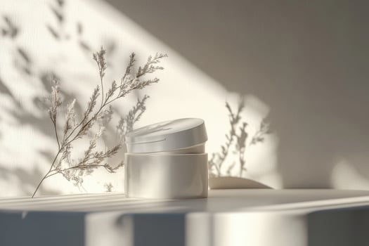 Soft shadows dance around a skincare jar in sunlight photo