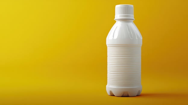 A minimalist white bottle rests on a bright yellow surface, showcasing its unique texture photo