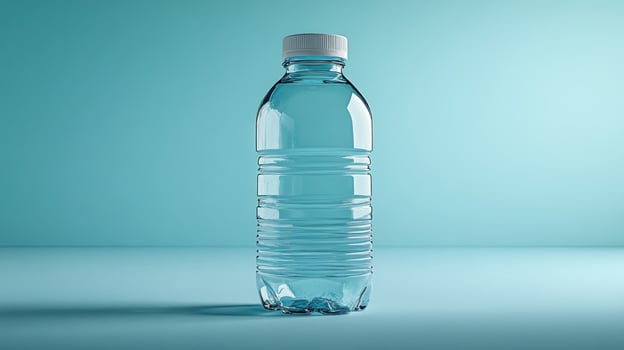 A clear bottle filled with water is prominently displayed on a soft blue background photo