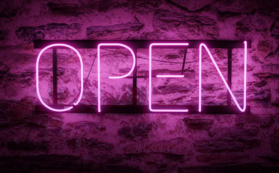 Render of a bright neon sign with an open purple caption indicating that the photo