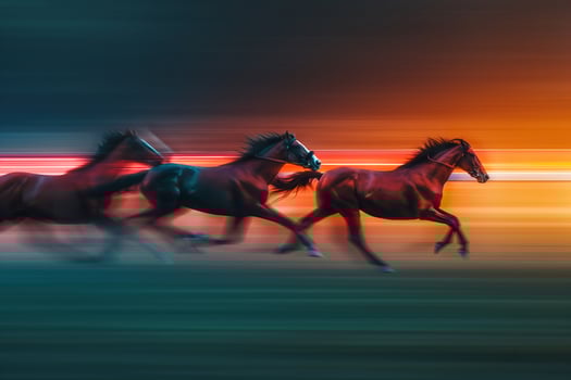 Three horses running in a field at night photo