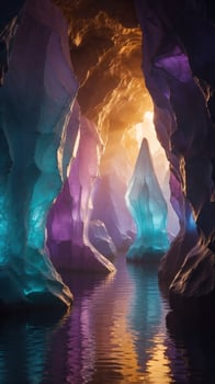 A crystal cavern with walls glowing in shades of violet, turquoise, and gold. photo