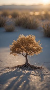 A tree whose roots glow with the light of a thousand suns, growing in a frozen desert. photo