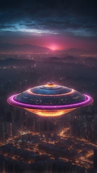 A colossal alien spaceship hovering above a neon-lit city on a distant planet. photo