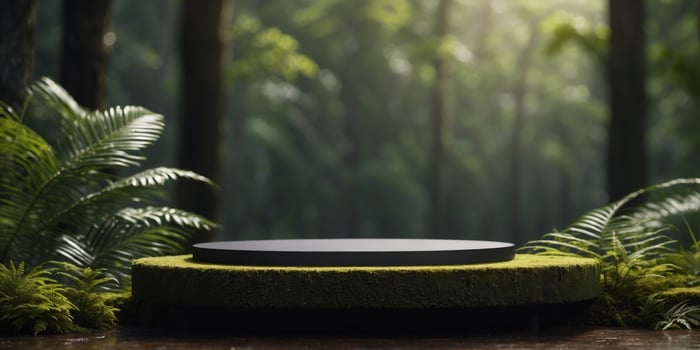 Dark podium in tropical forest for product presentation and green background. photo