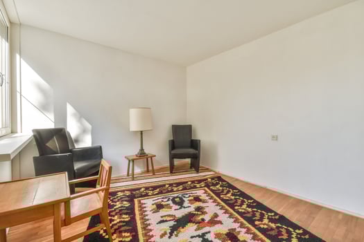 A room with a rug and chairs in it photo