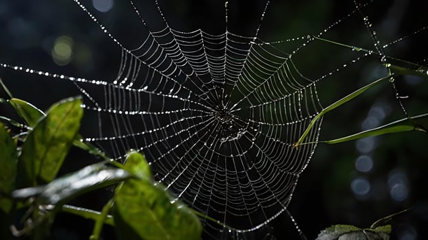 Dew Drops On Spiderweb In The Dark Forest photo