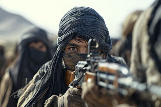 A young individual dressed in traditional clothing holds a rifle, focused and poised in a remote, dry region photo
