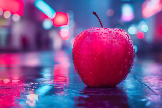 A red apple rests on a wet city pavement, reflecting vibrant colors from nearby neon signs on a rainy evening photo