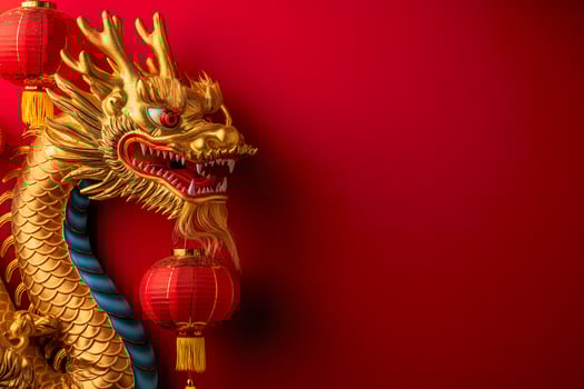 Golden dragon on red background with red lanterns photo