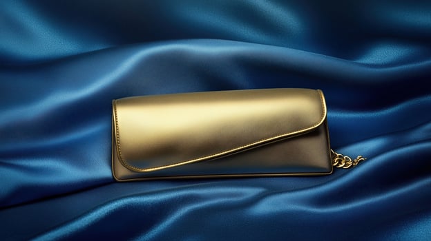 Golden Clutch Elegance Against a Luxurious Blue Satin photo