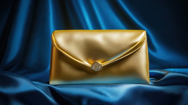 Golden Clutch Elegance Against a Luxurious Blue Satin photo