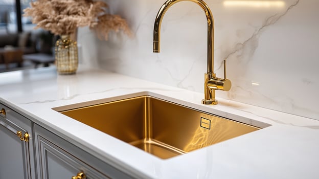 luxury kitchen sink with gold faucet photo