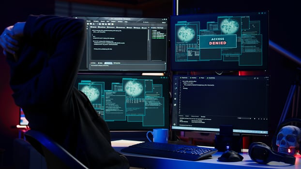 Hacker receiving access denied error message after being contracted by company in secret to do corporate espionage and steal information on competitor products to gain marketplace advantage, camera B photo