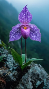 Purple spotted orchid blooming after rain in the forest photo