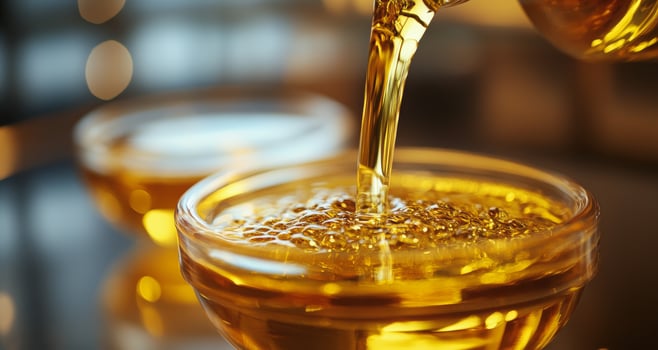 Golden syrup being poured into small glass bowls on a reflective surface near warm lighting photo