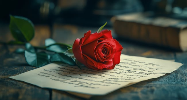 A delicate pink rose rests on an old handwritten letter on a textured surface photo