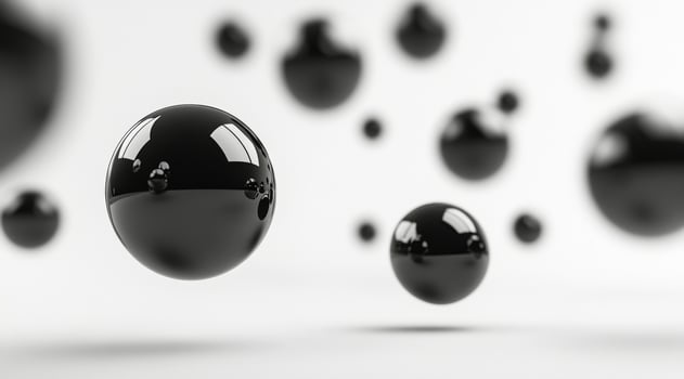 3D rendering of floating black spheres with reflections against a soft light background photo