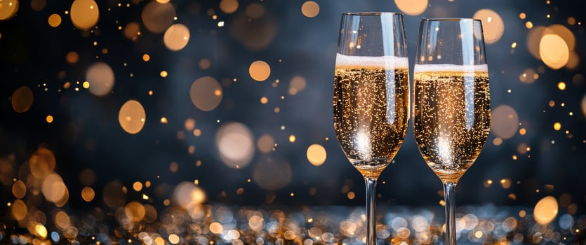 Sparkling champagne flutes toast amidst golden bokeh and festive celebration photo