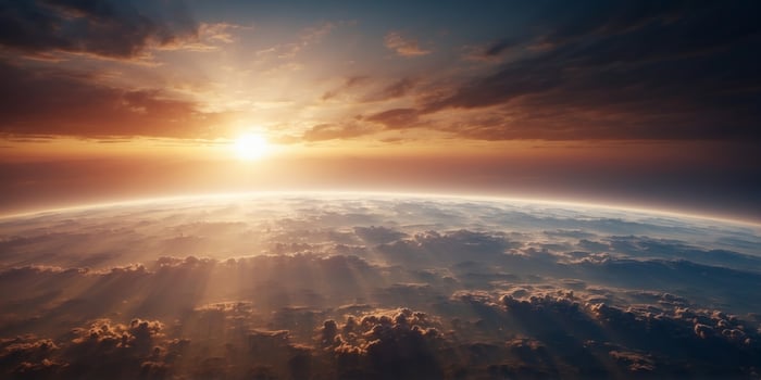 Stunning Sunrise Over Earth from Space Showcasing Natural Beauty and Urbanization Illuminated by Sunlight in a Dramatic Sky with Clouds. photo
