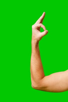 Hand Gesture Signifying Approval Against Bright Green Background photo