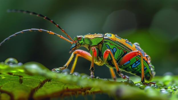 A vividly colored leaf insect with long antennae and bright, multicolored wings perched on a leaf. photo