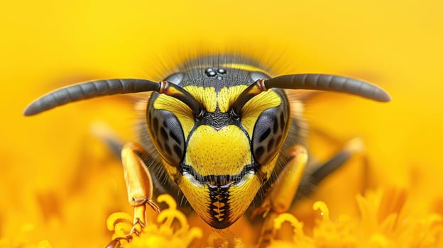 A close-up of a yellow and black bee perched on a dandelion head. The bee is facing the camera. photo
