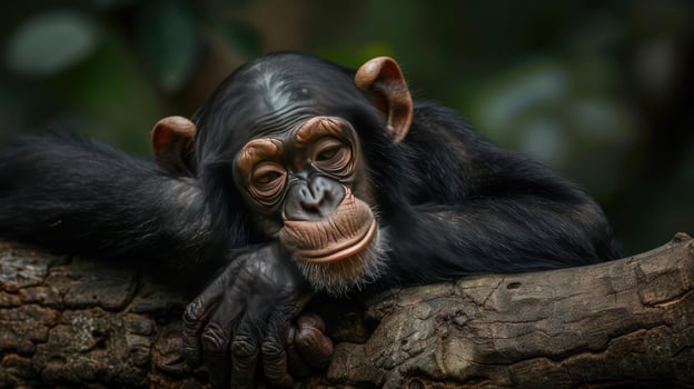 A monkey sits comfortably on a tree branch, leaning back with its hands resting gently on the limb. photo