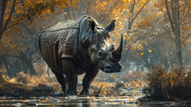A family of rhinos crosses a river during the autumn season. photo