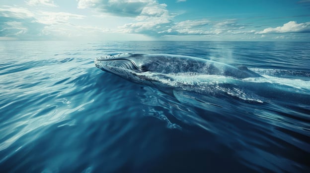 An underwater view of a humpback whale swimming past the camera, photo