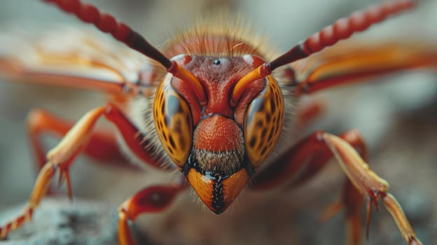 Closem up of a bee with vibrant orange and red colors on its wings. photo