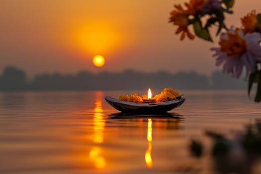 An oil lamp surrounded by marigold flowers floating in the river, during Pitru Paksha photo