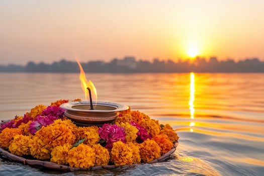An oil lamp surrounded by marigold flowers floating in the river, during Pitru Paksha photo