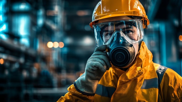 Industrial Worker Wearing Respirator and Hard Hat photo