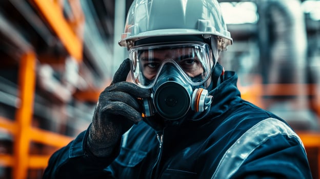 Industrial Worker Wearing Respirator Mask and Hard Hat photo