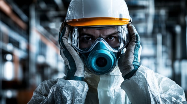 Industrial Worker Wearing Protective Gear and Respirator Mask photo