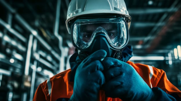 Industrial Worker Wearing Gas Mask and Safety Gear photo
