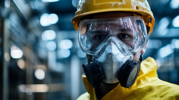 Industrial Worker Wearing Respirator and Safety Glasses photo