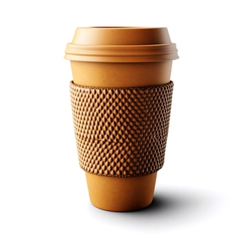 Disposable coffee cup on table with plants on background. photo