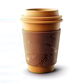 Disposable coffee cup on table with plants on background. photo
