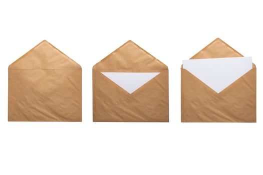 Recycled craft paper envelope isolated white background photo
