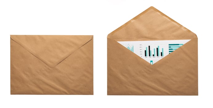 Recycled craft paper envelope isolated white background photo