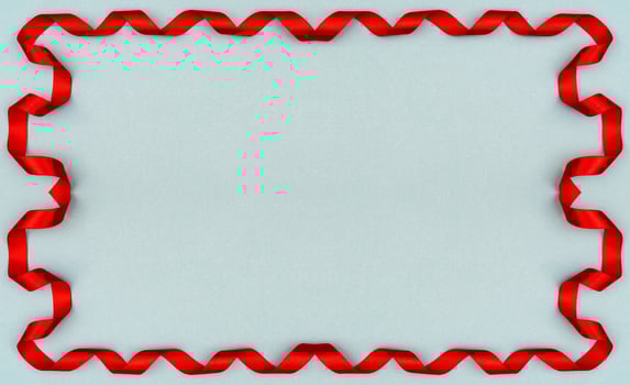 Red wavy ribbon on blue background. Holiday decoration. Valentine's Day decoration congratulation frame. photo
