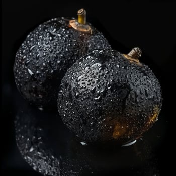 Two ripe black fruits sit on a black surface photo