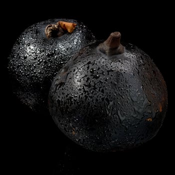 Two black fruits sit on a black surface photo