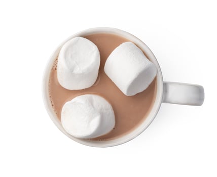 Top view of cocoa drink with marshmallow isolated on white photo